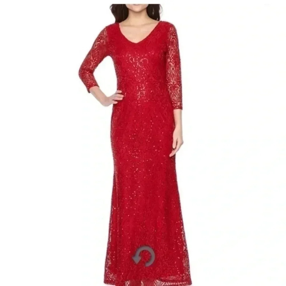 Marina red beaded sequined cocktail party Prom maxi dress 8